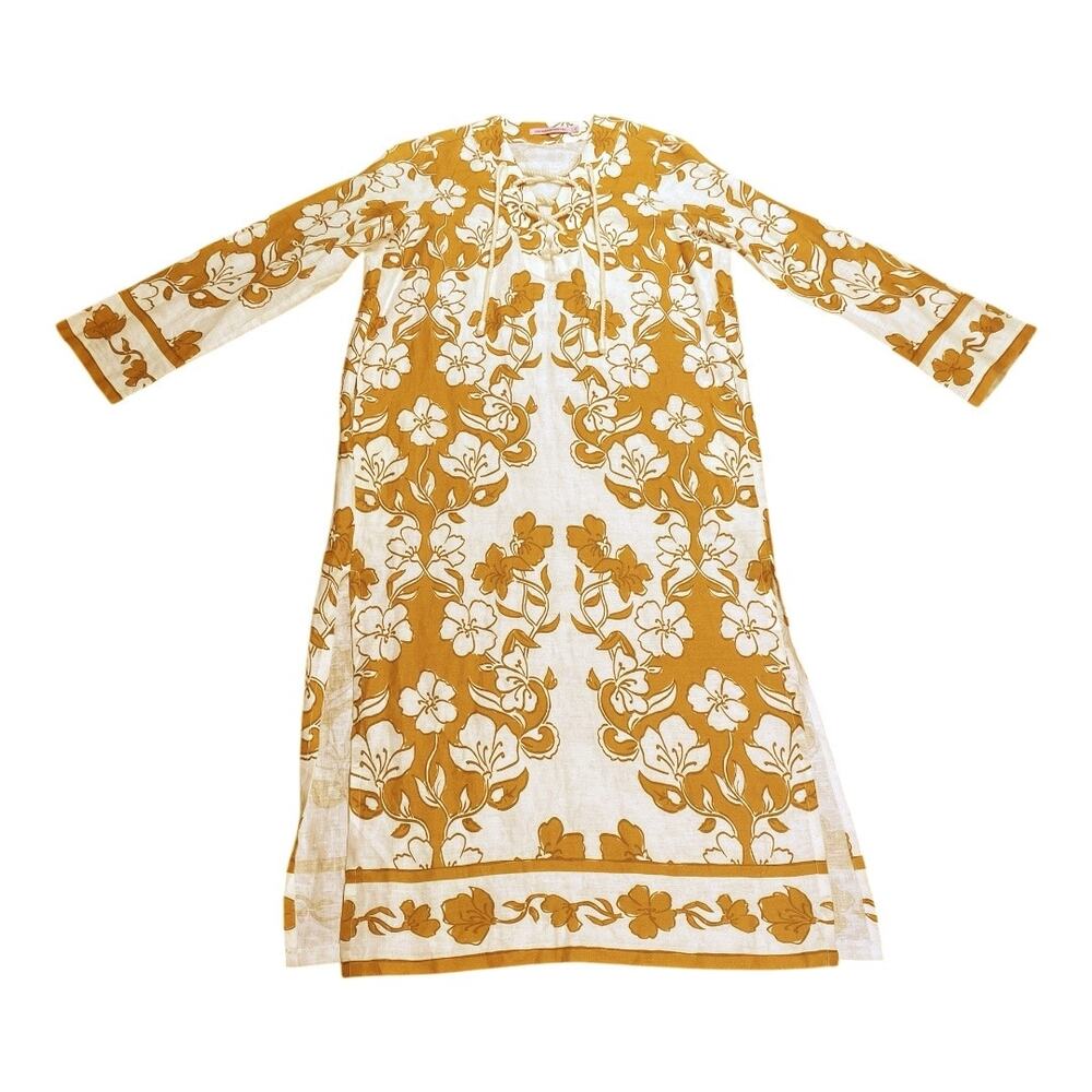 Hansen & Gretel Linen Kaftan Tunic Maxi In Sunset Surf Small Free People